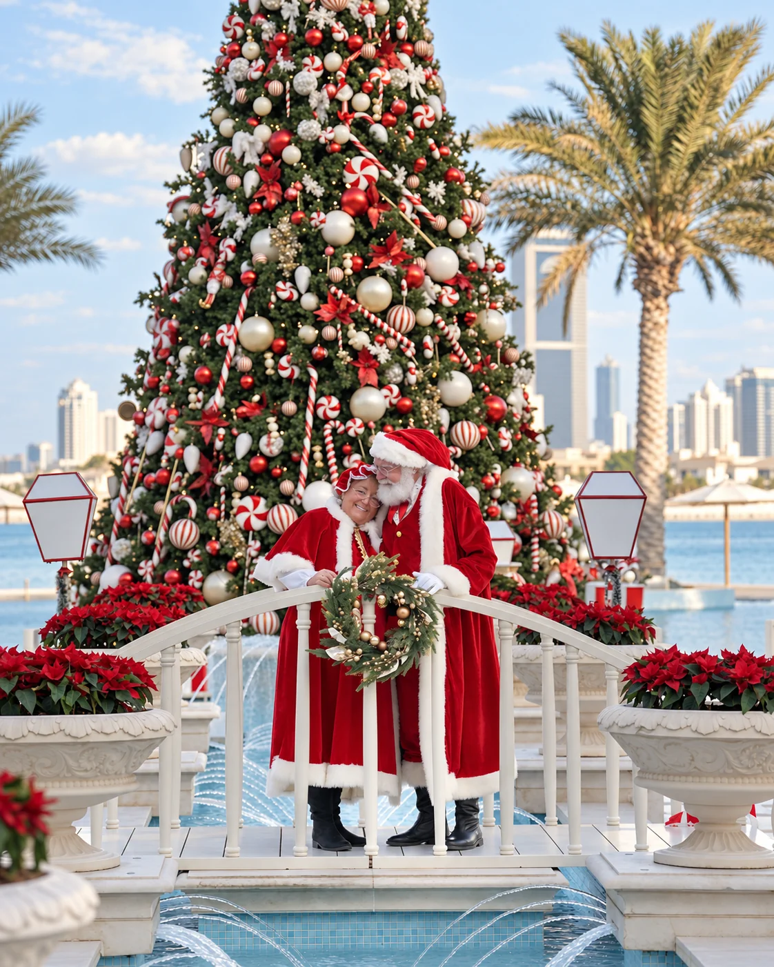 Santa and Mrs Claus embracing beside a large Christmas tree with the Dubai skyline behind