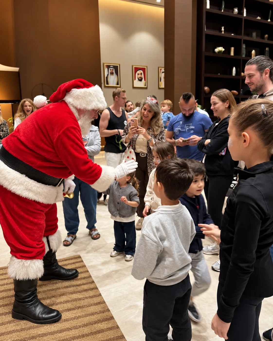 Santa greeting children and families in a hotel lobby