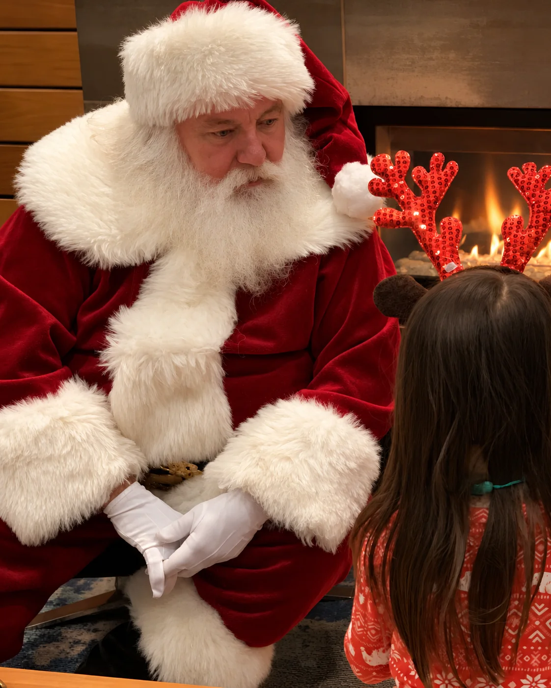 Santa kneeling by the fireplace talking with a child in reindeer antlers