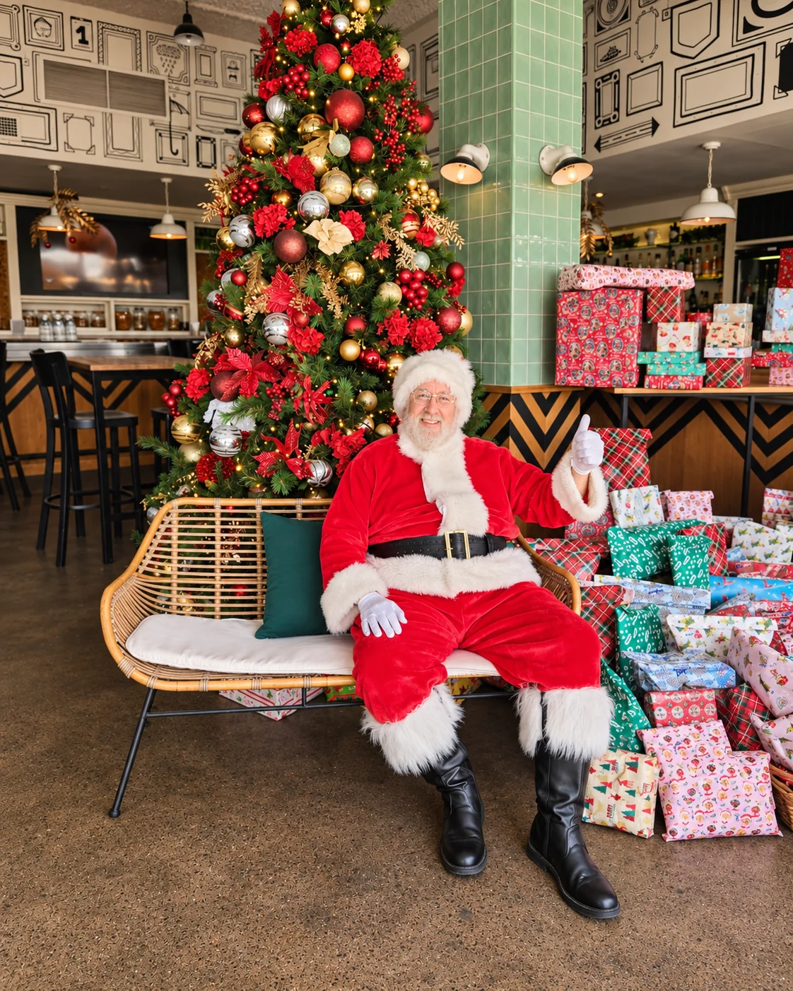 Santa seated among wrapped gifts and a Christmas tree, giving a thumbs up