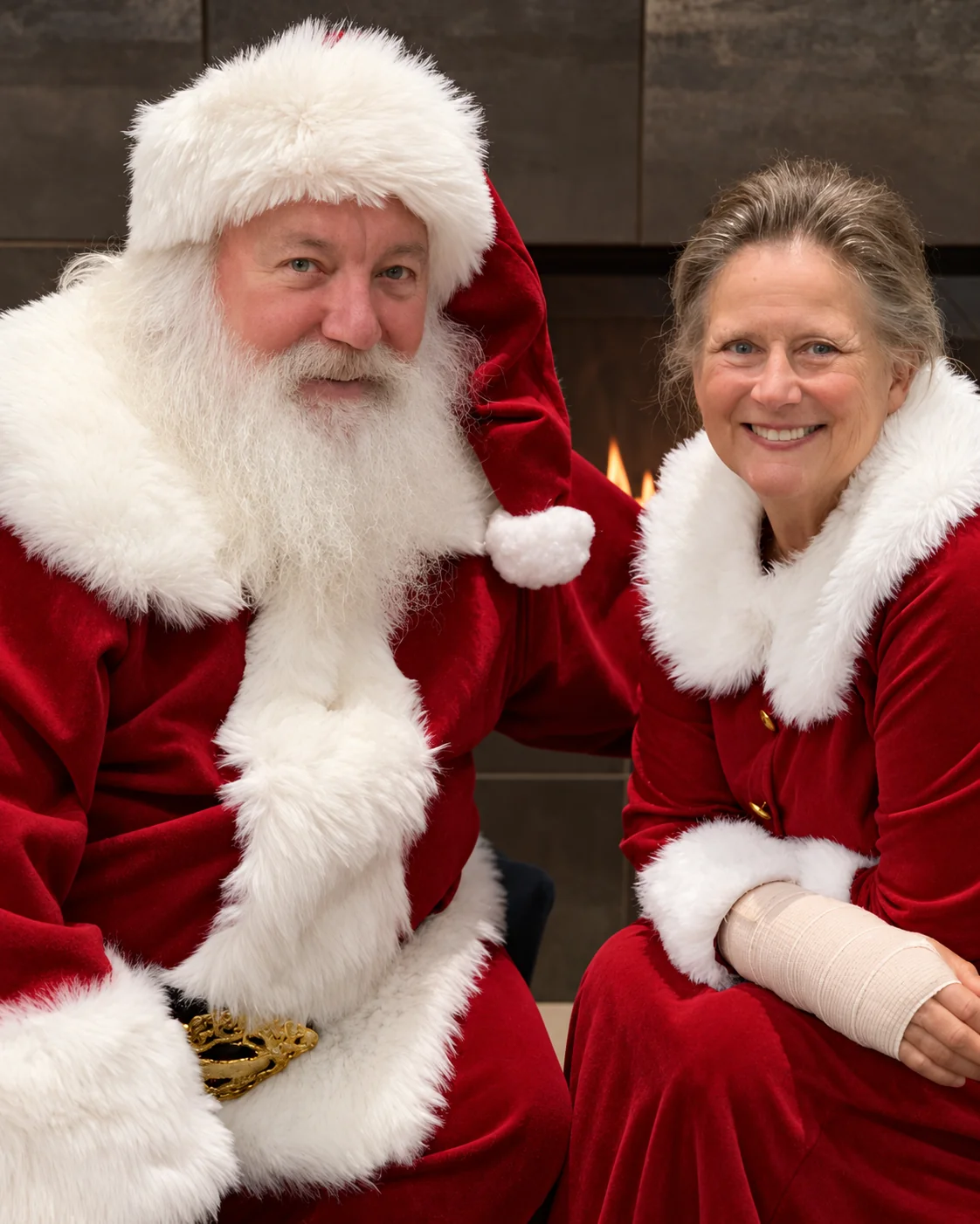 Santa and Mrs Claus smiling together beside a fireplace