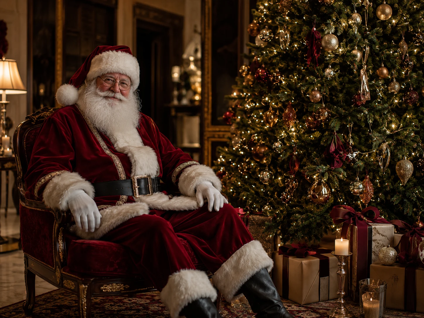 Santa seated beside a glowing Christmas tree in an elegant festive setting
