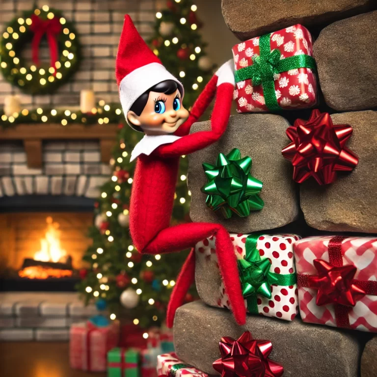 A-mischievous-Elf-on-the-Shelf-climbing-up-a-holiday-themed-rock-wall-made-of-colorful-gift-bows-stuck-to-a-fireplace.