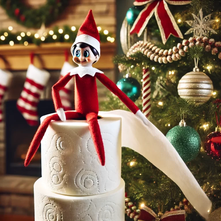 A-playful-Elf-on-the-Shelf-sits-at-the-top-of-a-Christmas-tree-wrapped-entirely-in-toilet-paper.-