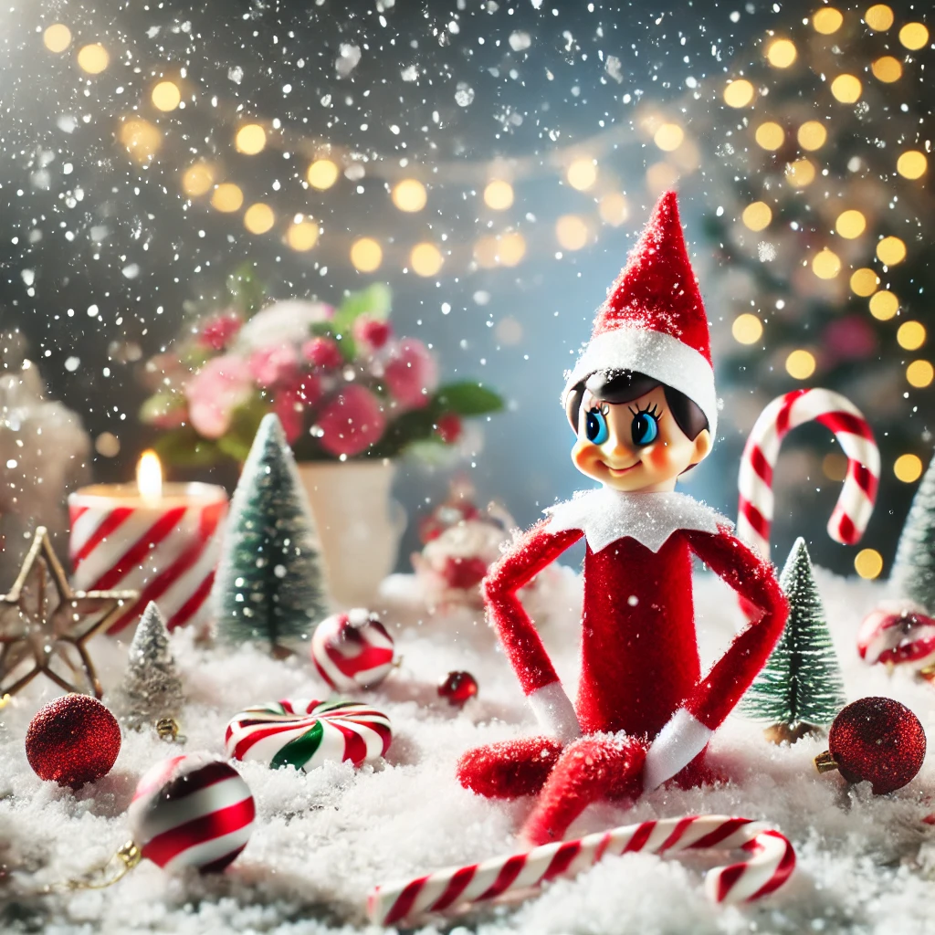 A-playful-Elf-on-the-Shelf-standing-on-a-snowy-tabletop-