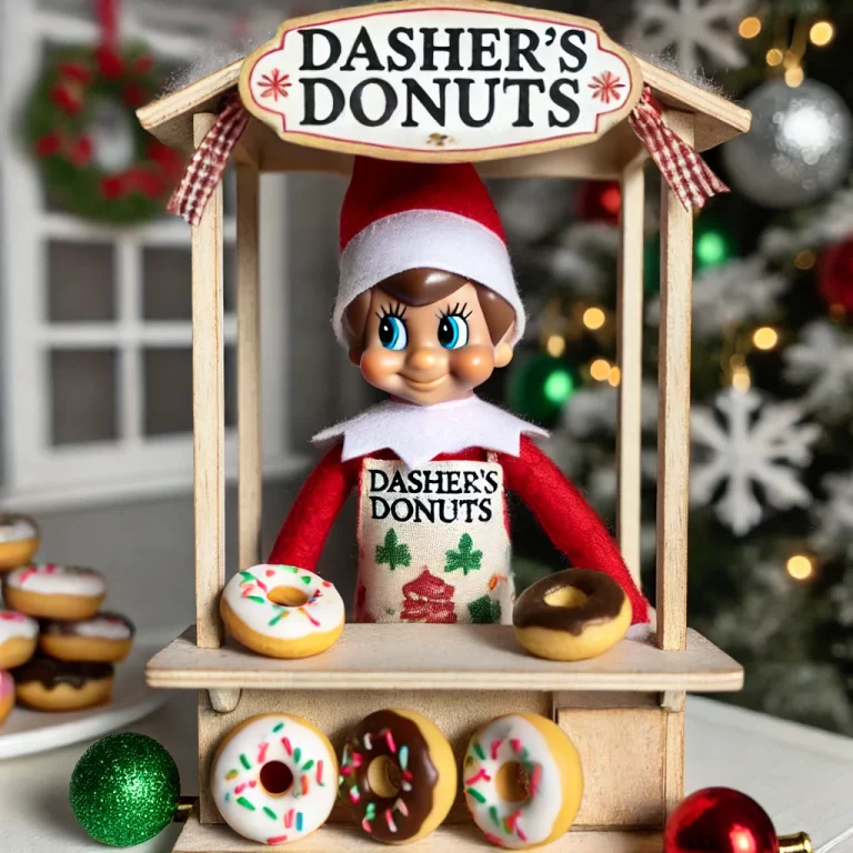 -whimsical-Elf-on-the-Shelf-standing-behind-a-tiny-donut-stand-labeled-Dashers-Donuts.
