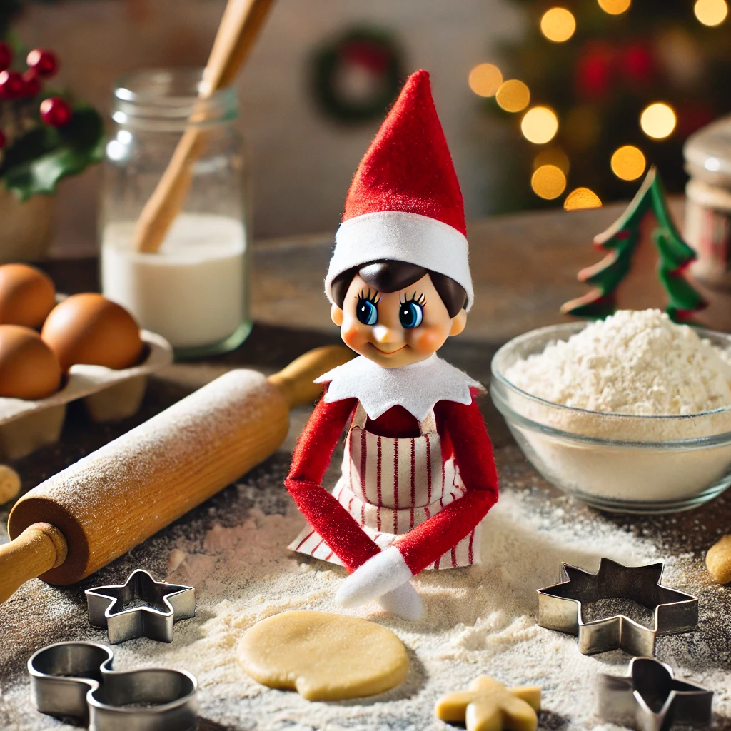 The-Elf-on-the-Shelf-in-the-middle-of-a-baking-scene-with-flour-scattered-around-small-cookie-cutters-and-dough.