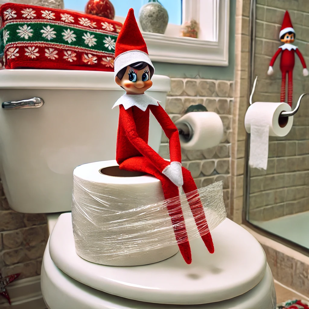 The-Elf-on-the-Shelf-sitting-cheekily-on-a-bathroom-counter-holding-a-roll-of-toilet-paper.
